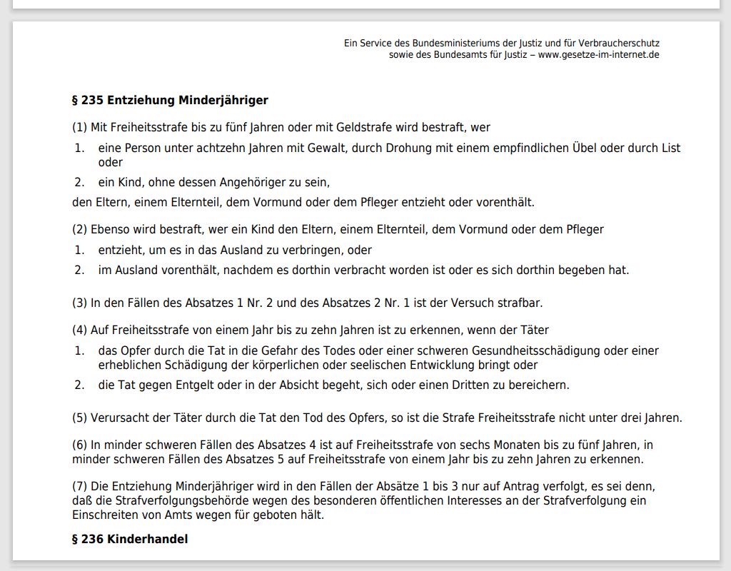 Bundesrepublik Deutschland - StGB Par. 235. - Entziehung Minderjähriger - eine schwere Straftat